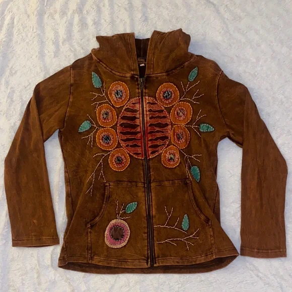 Rising International Brown Zip Up Hoodie with Colorful Tree Branch Embroidery - Picture 1 of 5